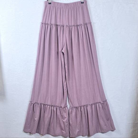 ASVIVID Tiered Ruffle Wide Leg Boho Palazzo Ruffle Trim Lounge Pants Mauve Sz.M - Picture 7 of 13